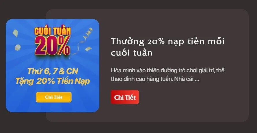 Nhà cái thưởng ngay 20% cho thành viên nạp tiền từ thứ sáu đến chủ nhật