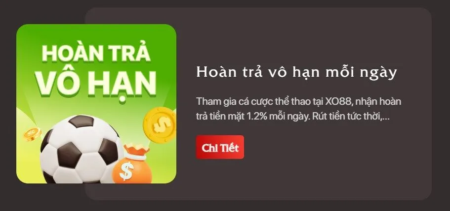 Khuyến mãi Xo88 hoàn trả vô tận mỗi ngày lên đến 1,2%